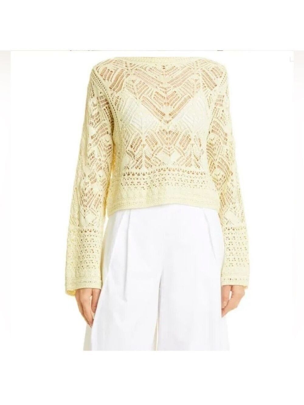 NWT. VINCE Lace Patchwork Pullover Organic Cotton Sweater in Pale Yellow size L - Picture 3 of 11